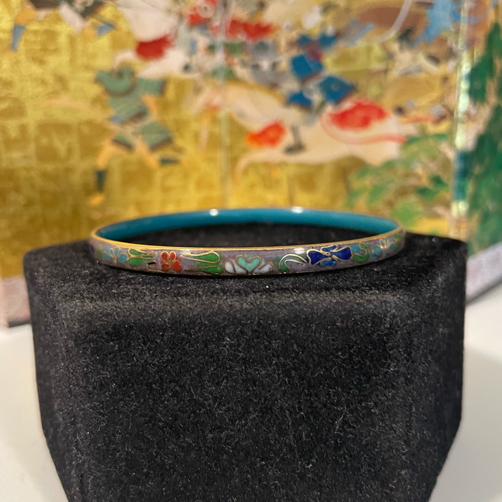 Vintage Green And Blue Cloisonn Bangle Bracelet